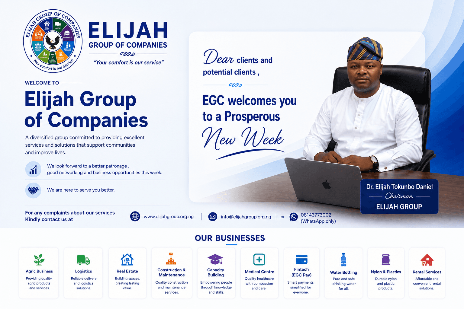 Chairman's welcome message from Elijah Group of Companies